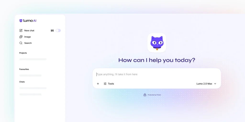 Lumo 2.0 chat interface showing Fast and Thinking mode toggle