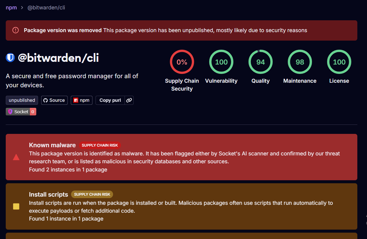 Malicious Bitwarden CLI version removed after supply chain attack targeting developers