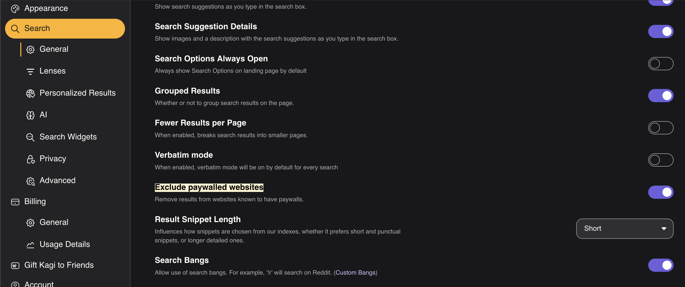 Kagi Search settings showing the Exclude paywalled websites toggle highlighted