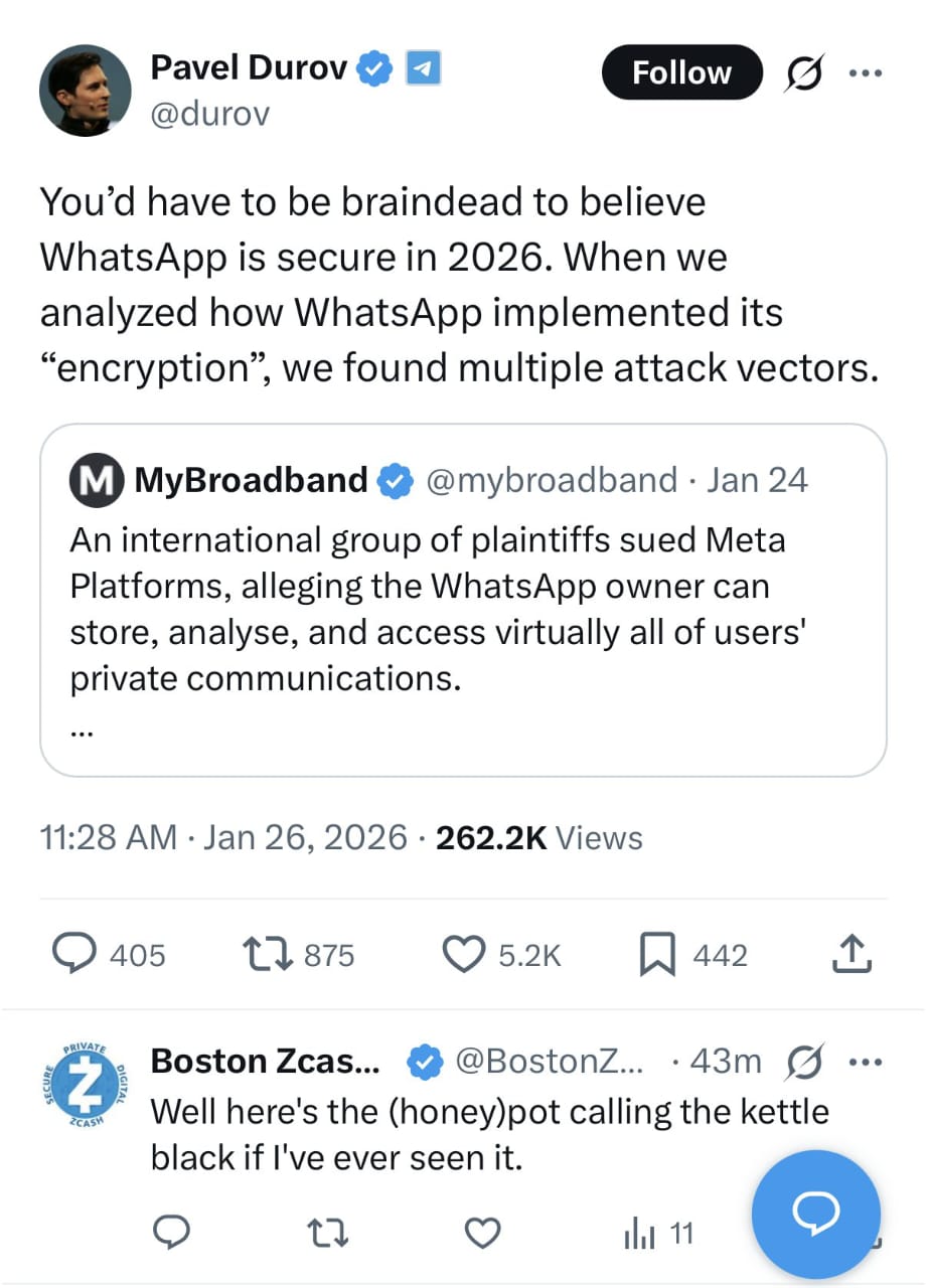 Telegram founder Pavel Durov criticizes WhatsApp security on X