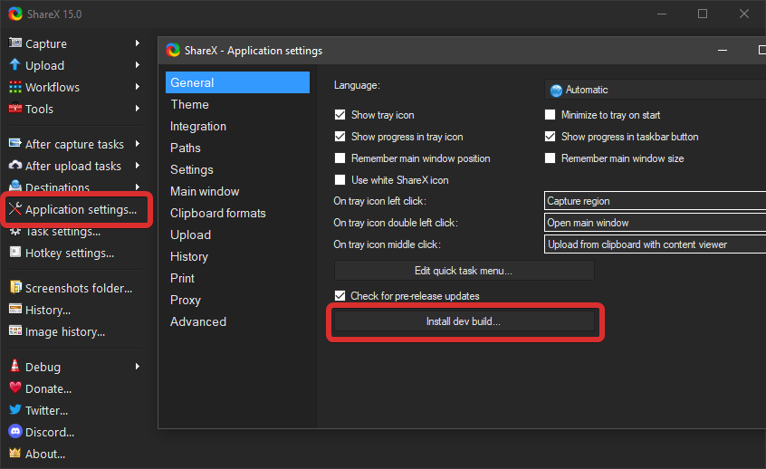 ShareX Application settings window with the Install dev build button highlighted