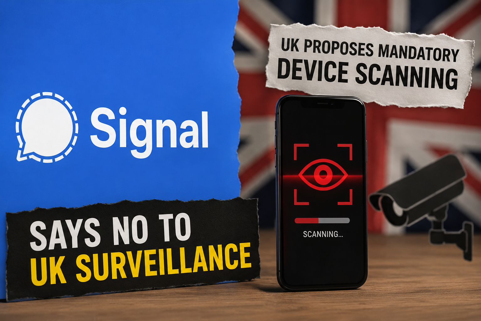 Signal logo alongside UK surveillance and device scanning illustration