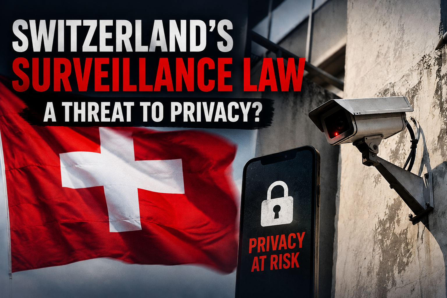 Swiss flag and surveillance camera illustrating privacy concerns